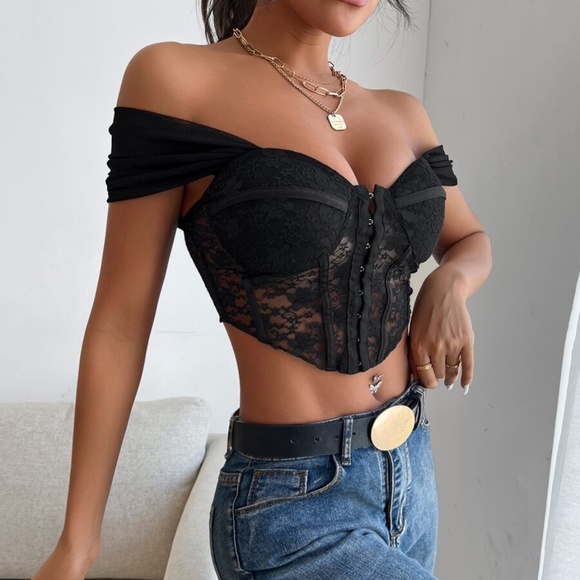 Boho Black Lace Off Shoulder Crop Bustier Top - Picture 3 of 5